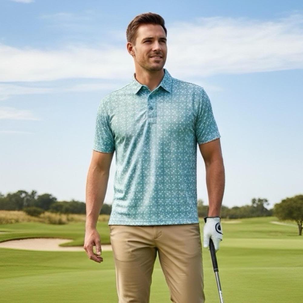 Straight Down Men’s Tropical Golf Polo Blue Orange Large short sleeve‎